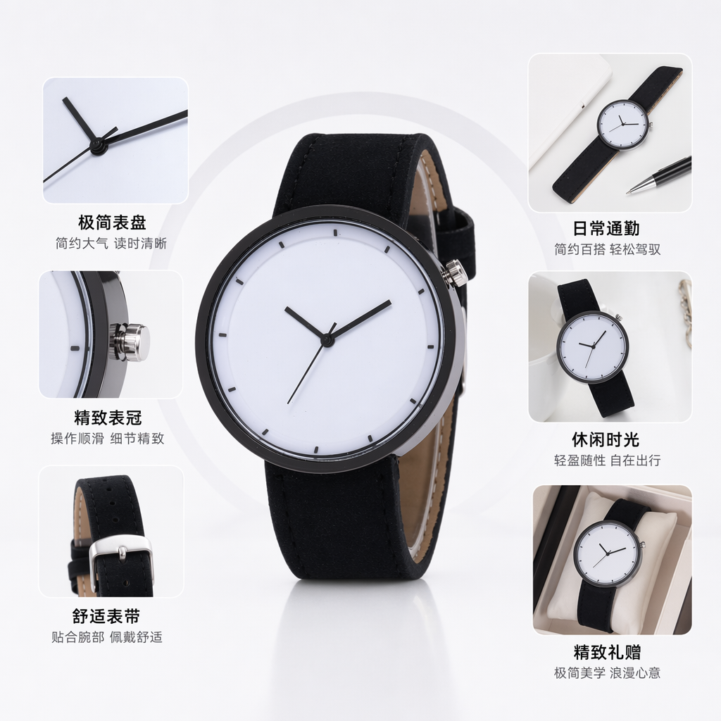The black strap and white dial quartz ladies' watch is simple, fashionable and versatile
