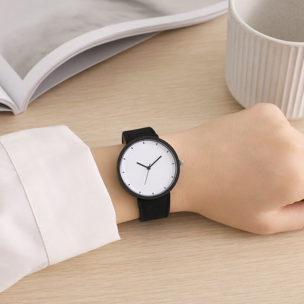 The black strap and white dial quartz ladies' watch is simple, fashionable and versatile details Picture