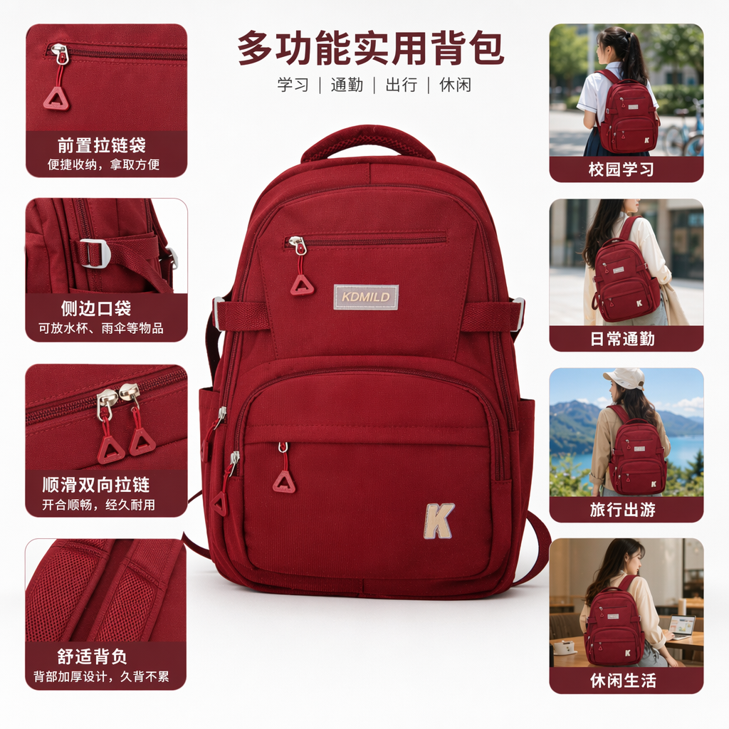 红色双肩包时尚轻便大容量学生通勤旅行背包
