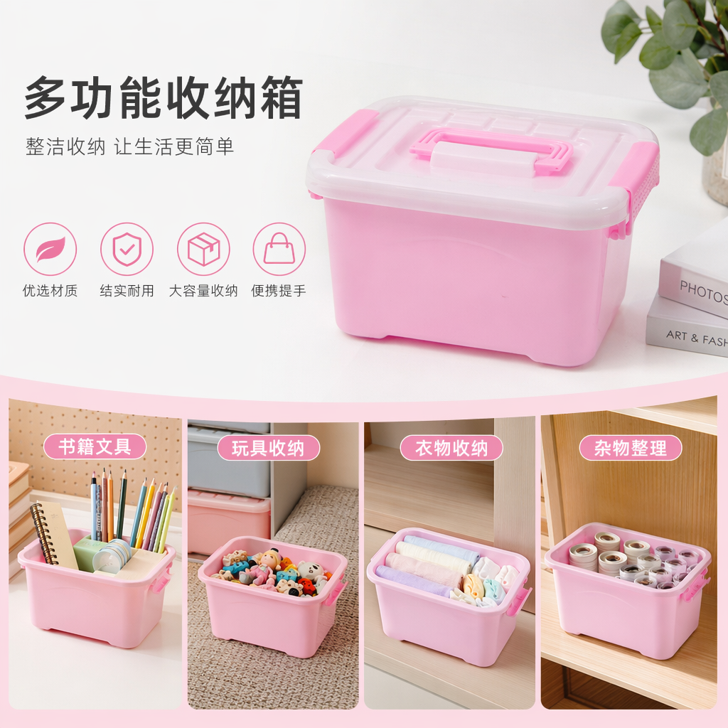 A pink plastic storage box with a white lid for home organization and storage is simple and versatile full image