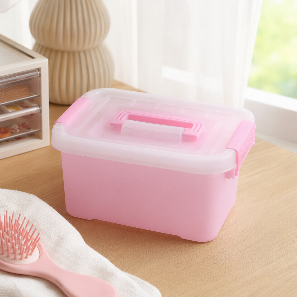 A pink plastic storage box with a white lid for home organization and storage is simple and versatile details Picture