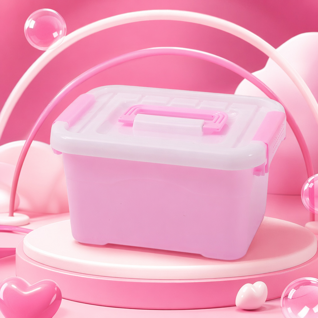A pink plastic storage box with a white lid for home organization and storage is simple and versatile Specification image
