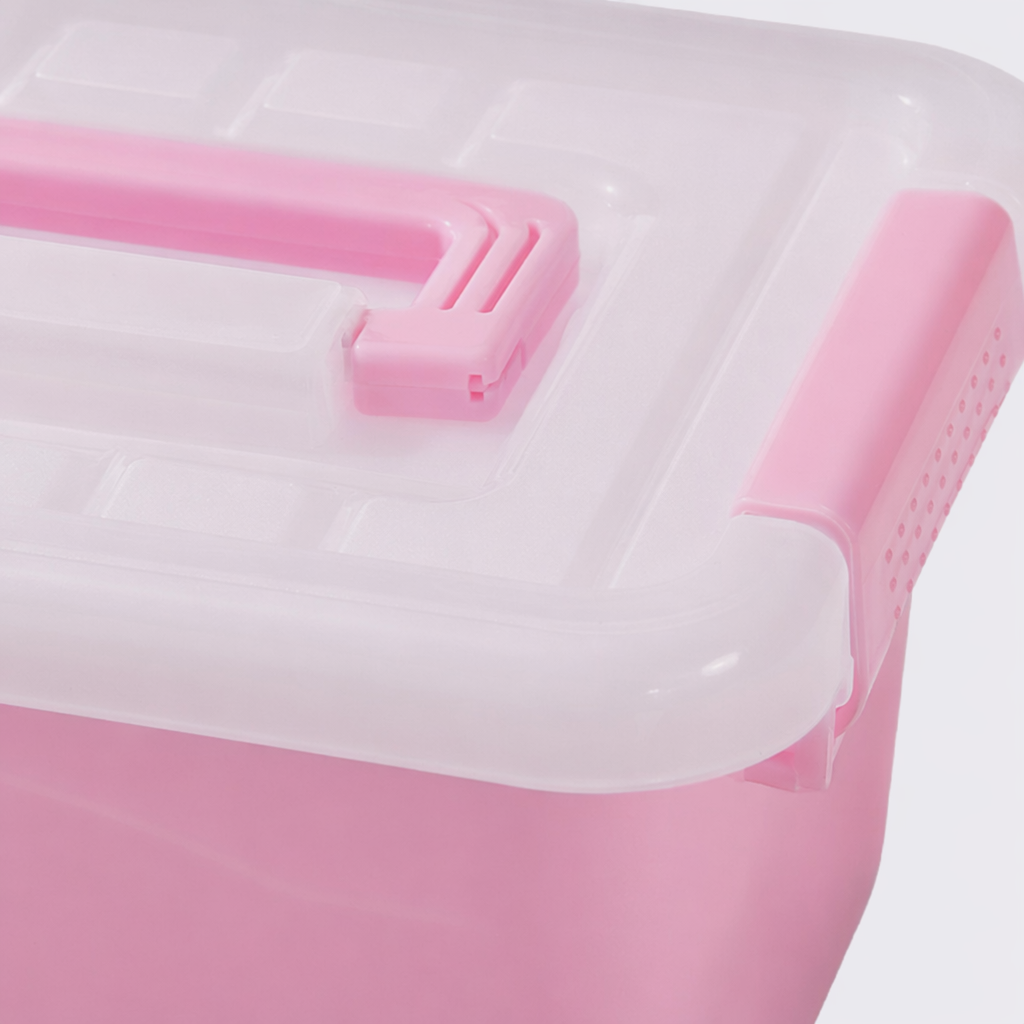 A pink plastic storage box with a white lid for home organization and storage is simple and versatile Application Scenario