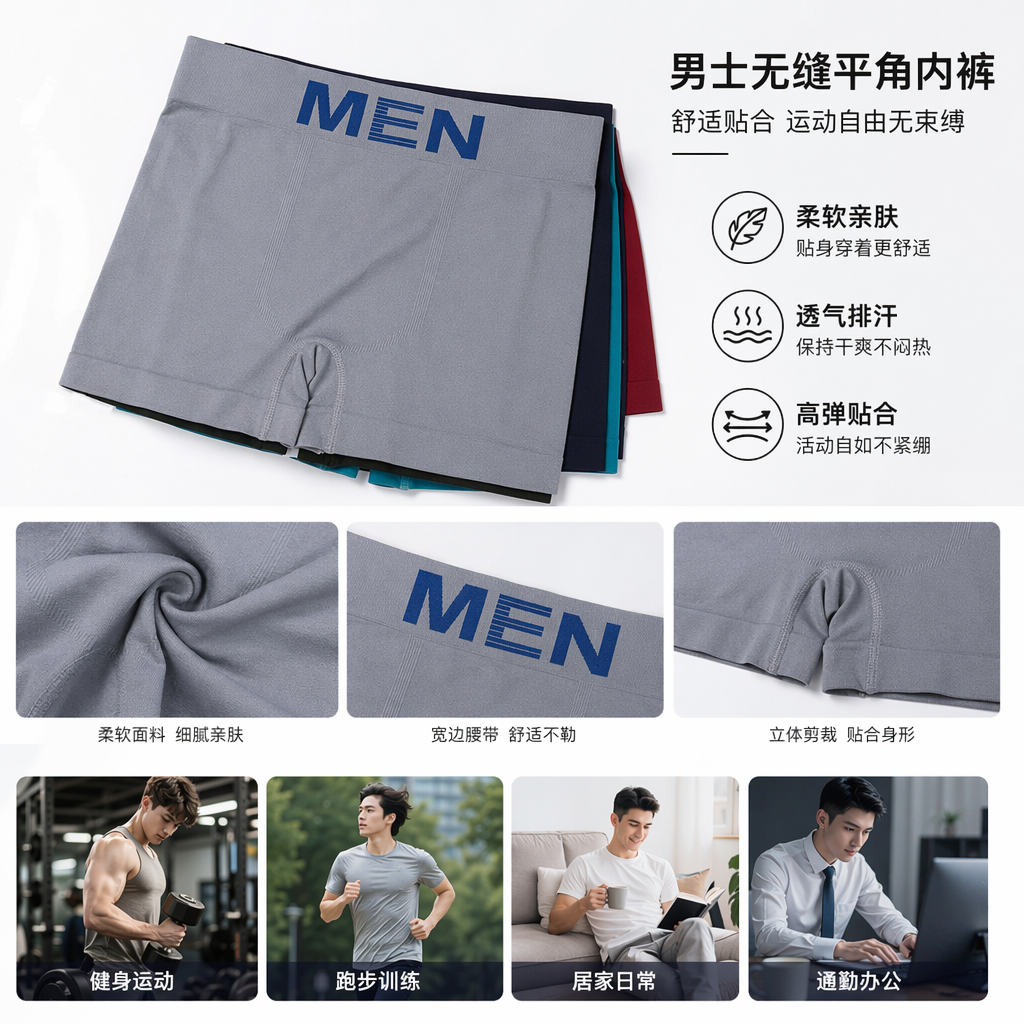 Grey men's seamless underwear, pure cotton, breathable, with flat corners at the four corners, comfortable and close-fitting