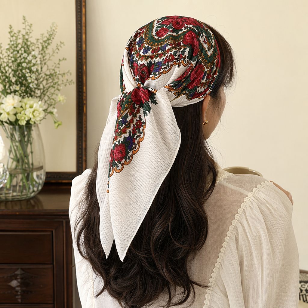 A colorful floral pattern scarf with white striped trims for dark curly hair details Picture