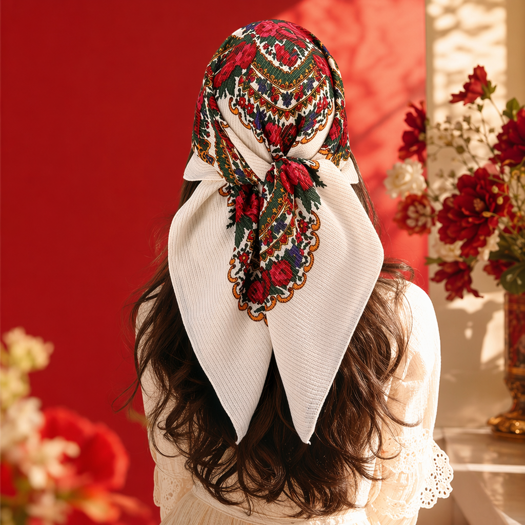 A colorful floral pattern scarf with white striped trims for dark curly hair Specification image