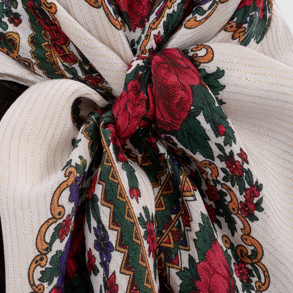 A colorful floral pattern scarf with white striped trims for dark curly hair Application Scenario