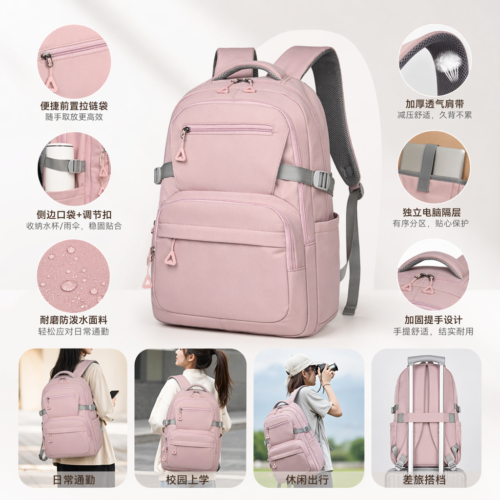 This pink backpack is a fashionable, versatile, lightweight and large-capacity student commuting and casual backpack for women full image
