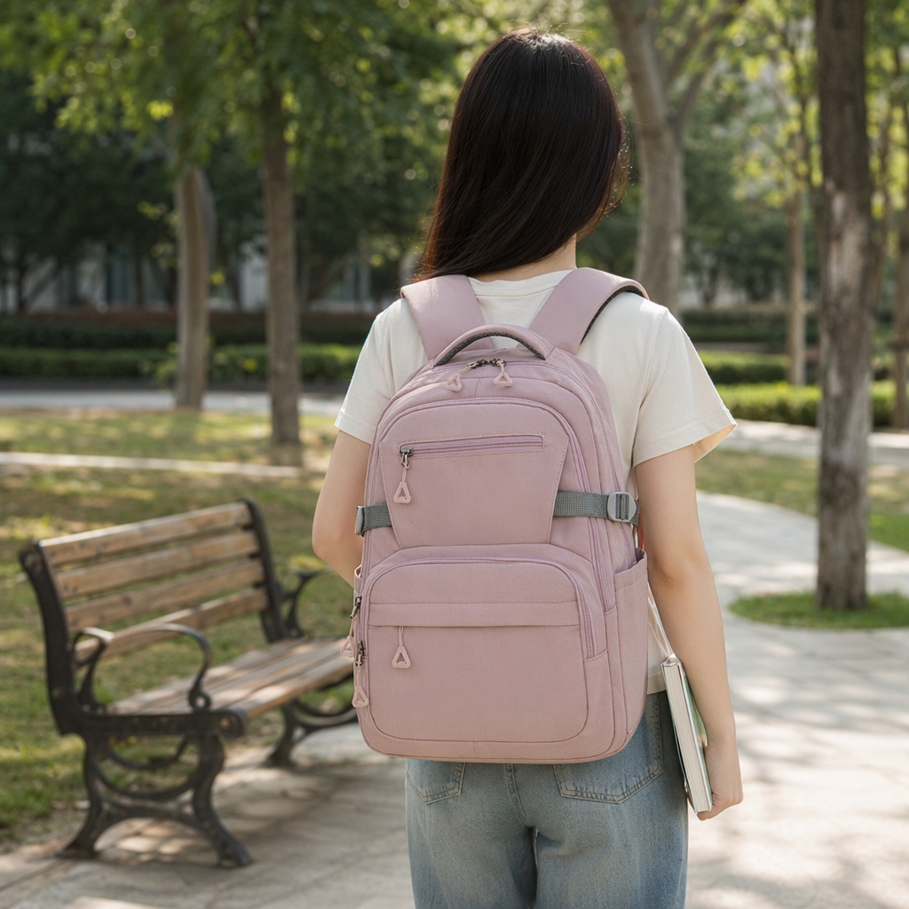 This pink backpack is a fashionable, versatile, lightweight and large-capacity student commuting and casual backpack for women details Picture