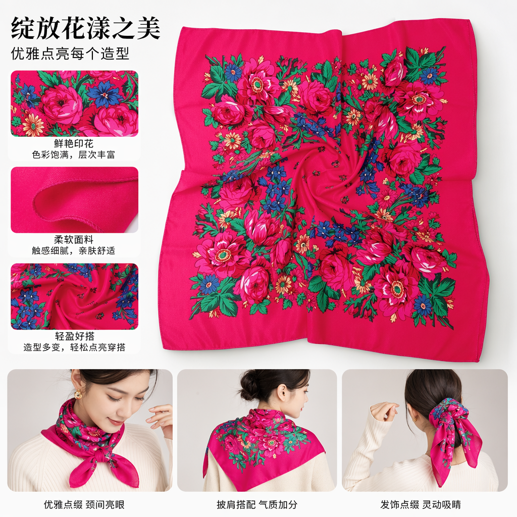 Red floral pattern silk square scarf, fashionable printed small square scarf, light and breathable full image