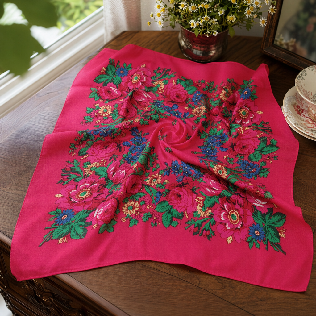 Red floral pattern silk square scarf, fashionable printed small square scarf, light and breathable details Picture
