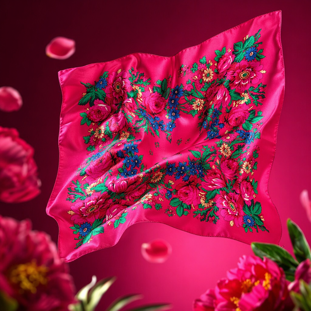 Red floral pattern silk square scarf, fashionable printed small square scarf, light and breathable Specification image