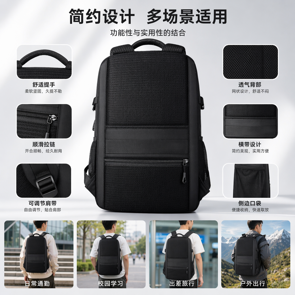 Black nylon waterproof commuting backpack, lightweight, wear-resistant with multiple compartments