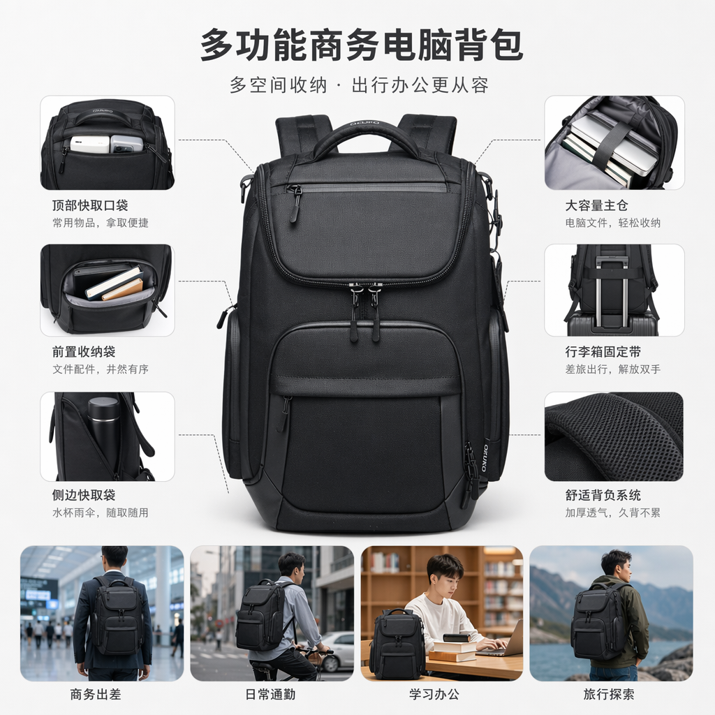 黑色双肩包轻便大容量学生通勤旅行背包男女同款