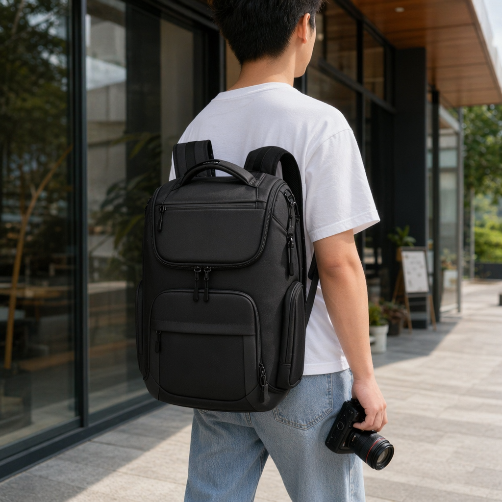 This black backpack is lightweight and large-capacity, suitable for both men and women as a student commuting travel bag details Picture