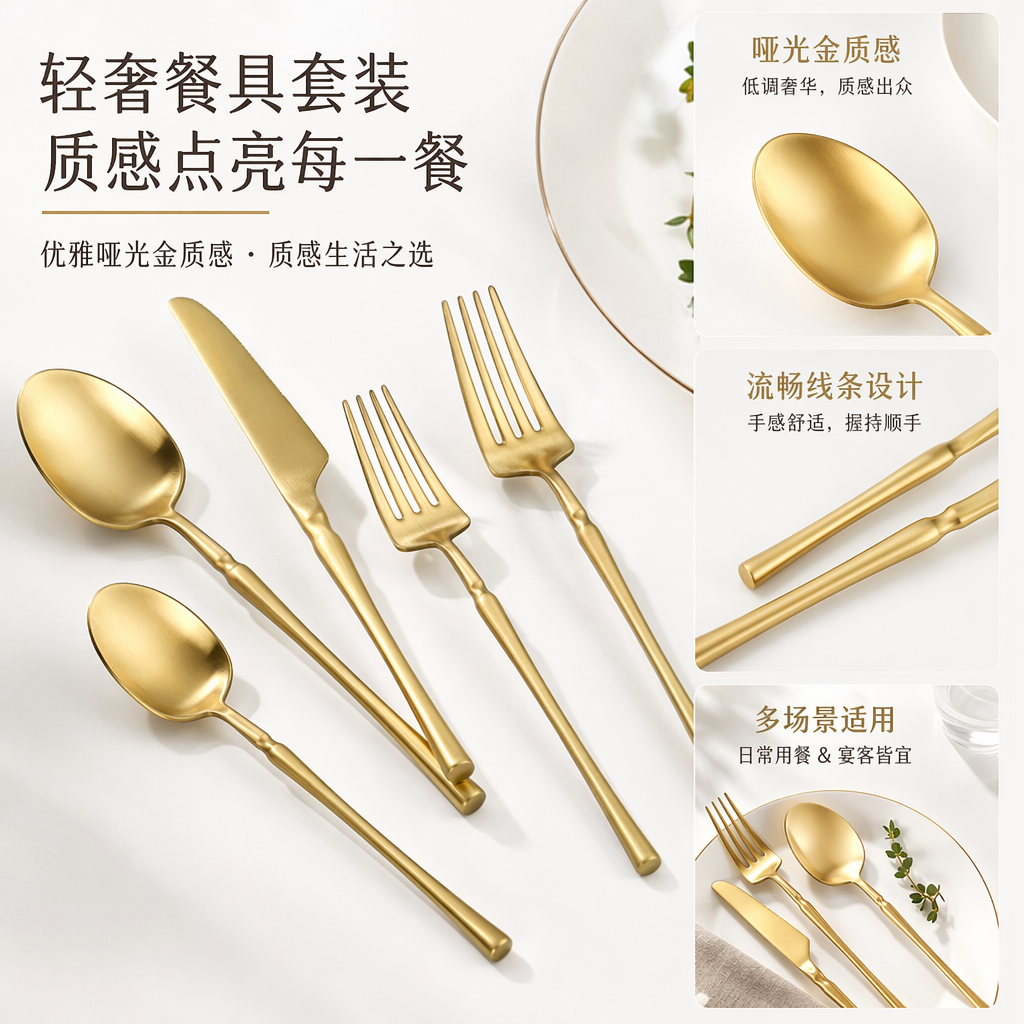 金色餐具套装 24件套 不锈钢餐勺叉刀家用简约风