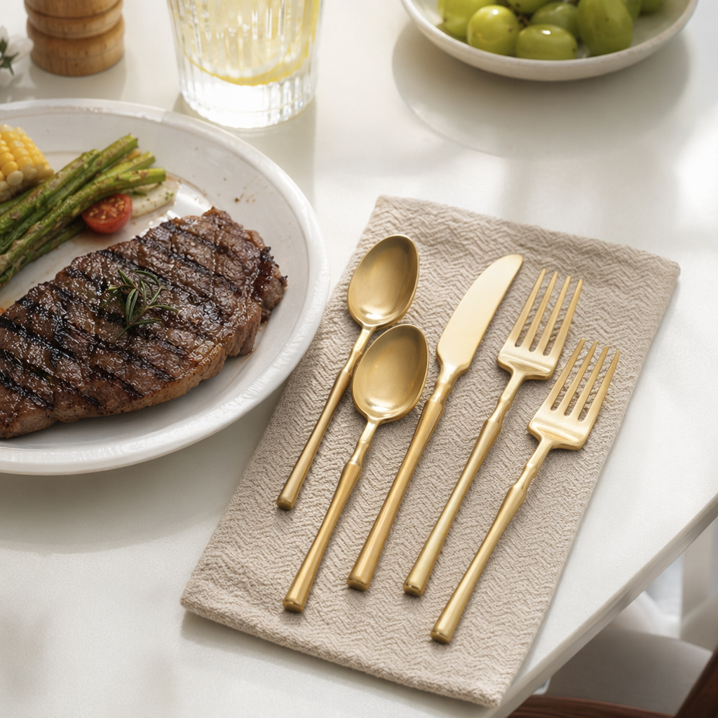 Gold tableware set of 24 pieces, stainless steel spoons, forks and knives, simple and elegant home style details Picture