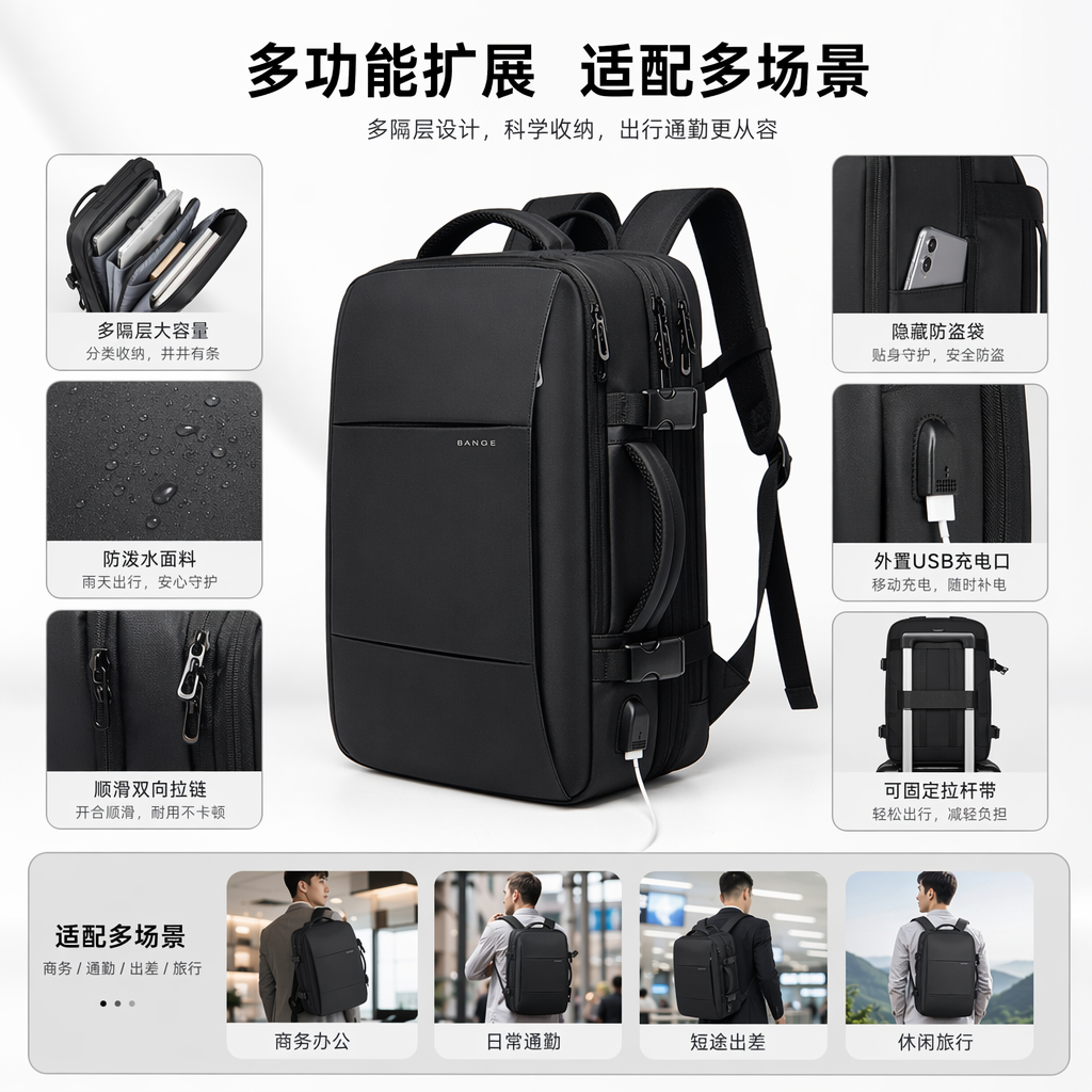 Black backpack, lightweight and large-capacity student commuting travel backpack