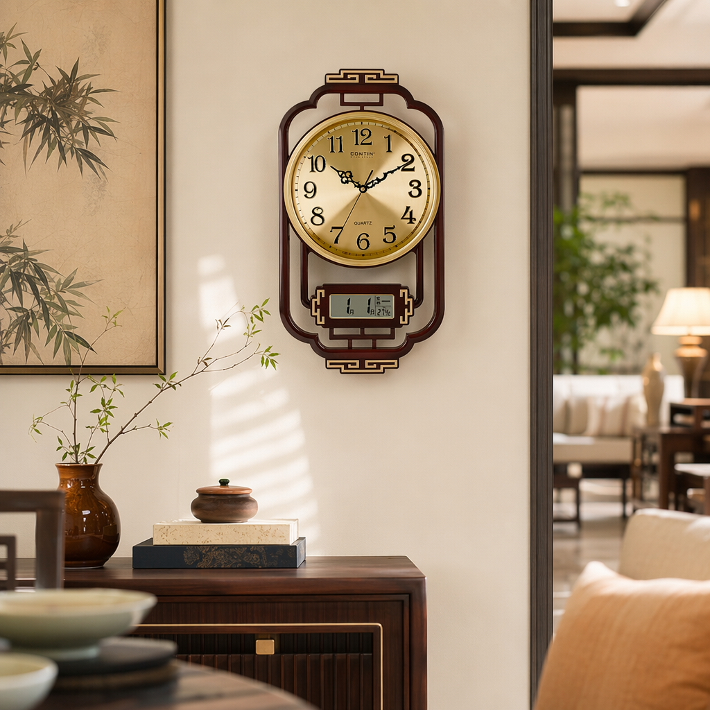 A simple and modern wall-mounted clock with a golden dial for the living room and bedroom, featuring a silent design details Picture