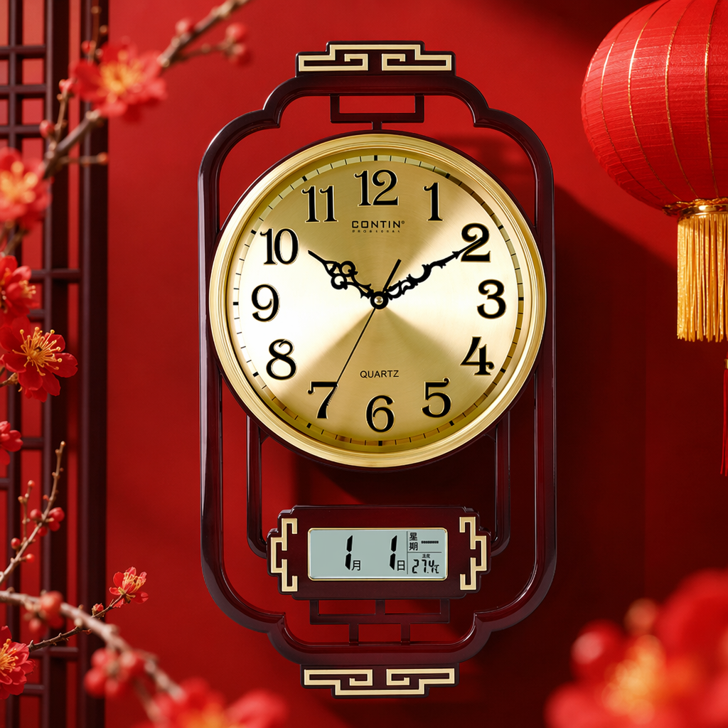 A simple and modern wall-mounted clock with a golden dial for the living room and bedroom, featuring a silent design Specification image
