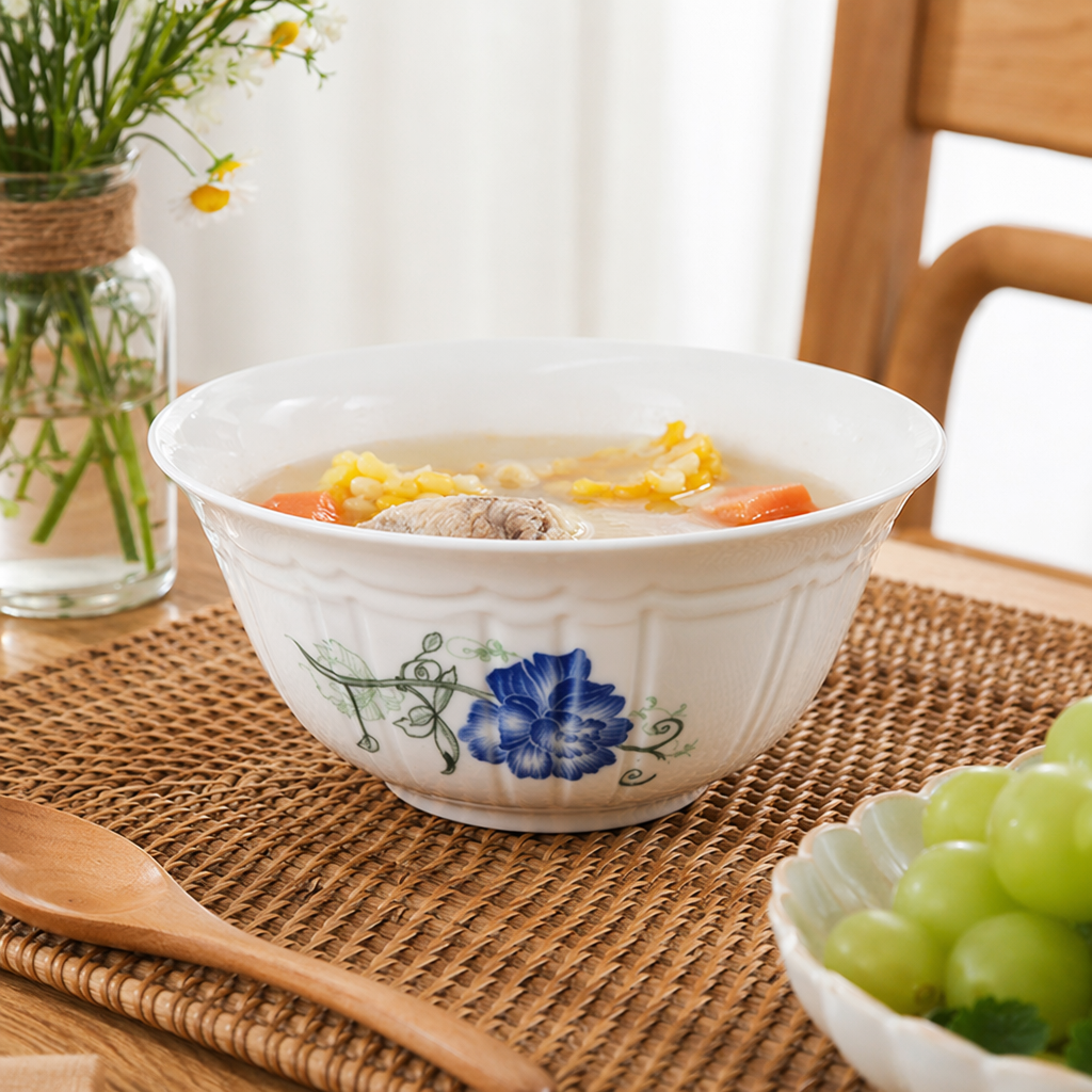 White porcelain bowl, blue flower and green vine pattern household tableware serving rice bowl details Picture