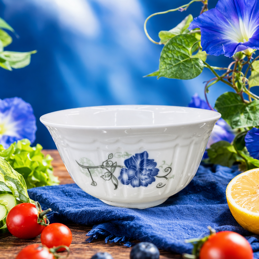 White porcelain bowl, blue flower and green vine pattern household tableware serving rice bowl Specification image