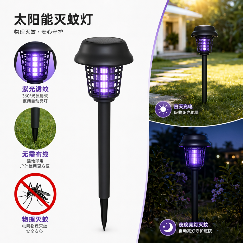 黑色灭蚊灯柱户外庭院驱蚊灯太阳能充电防蚊虫