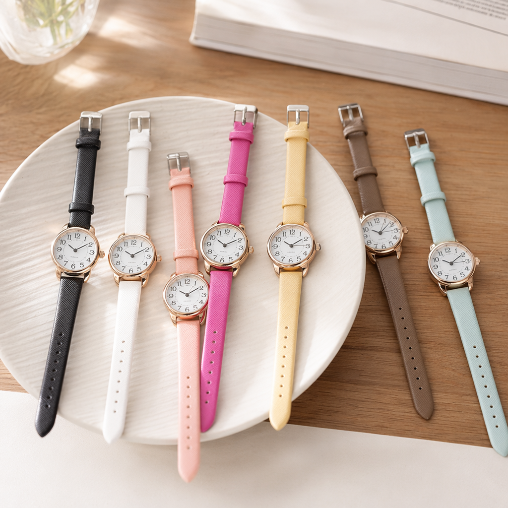 This multi-color leather strap watch is a fashionable, simple and versatile wristwatch for both men and women details Picture