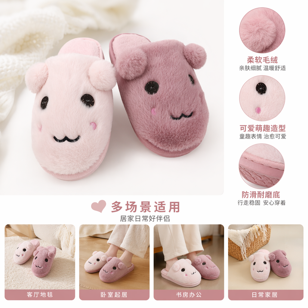 Pink plush home slippers for women, warm and thickened cotton slippers for indoor home relaxation
