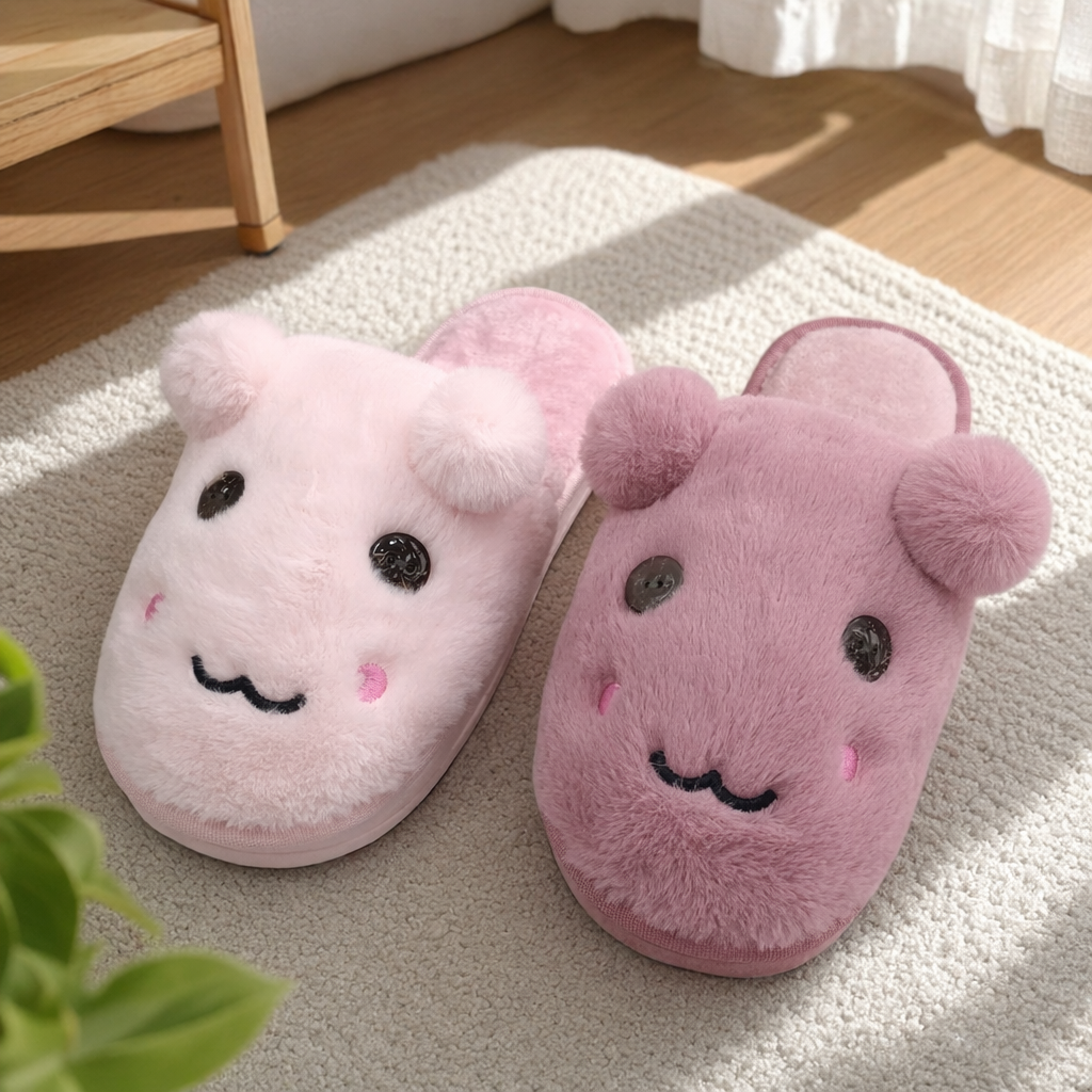 Pink plush home slippers for women, warm and thickened cotton slippers for indoor home relaxation details Picture