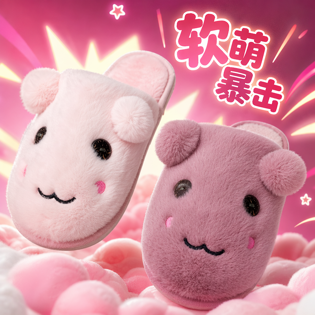 Pink plush home slippers for women, warm and thickened cotton slippers for indoor home relaxation Specification image