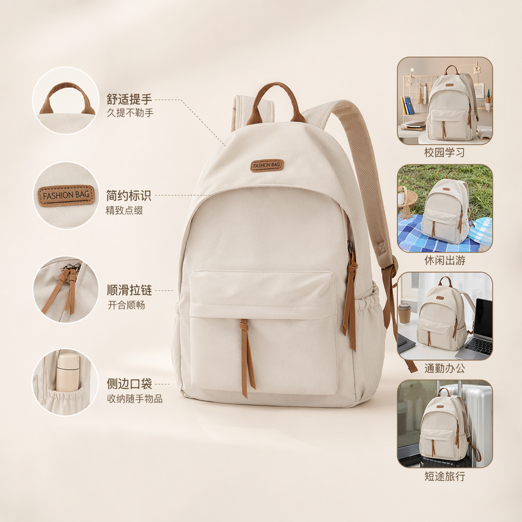 白色双肩包简约百搭学生通勤轻便大容量时尚休闲 backpack