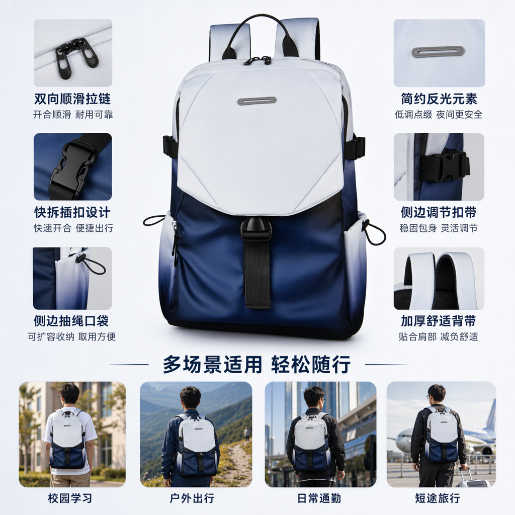 蓝白渐变简约时尚双肩背包男女通用通勤休闲