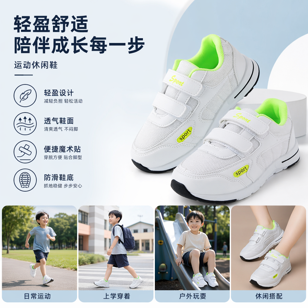粉色黑色白色运动鞋 魔术贴设计 男女同款舒适透气