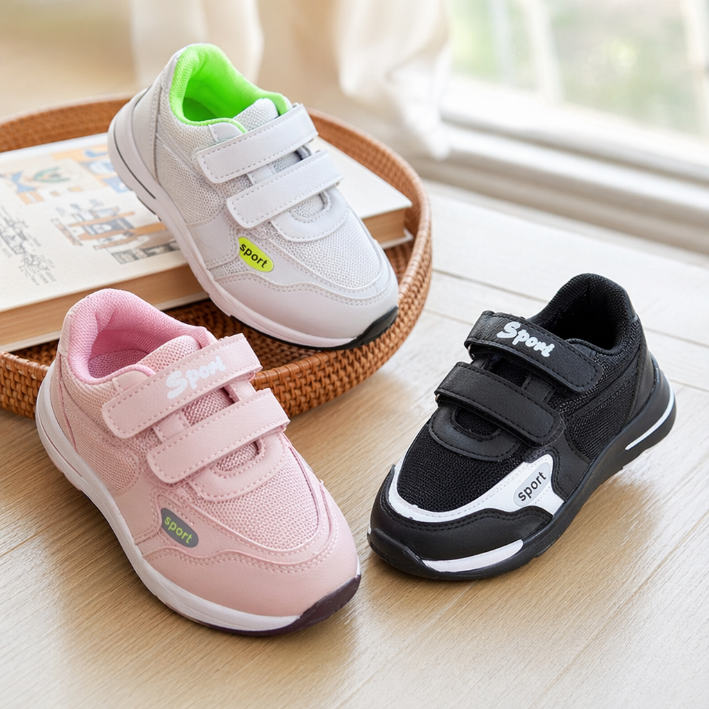 The pink, black and white sports shoes with Velcro design are unisex, comfortable and breathable details Picture