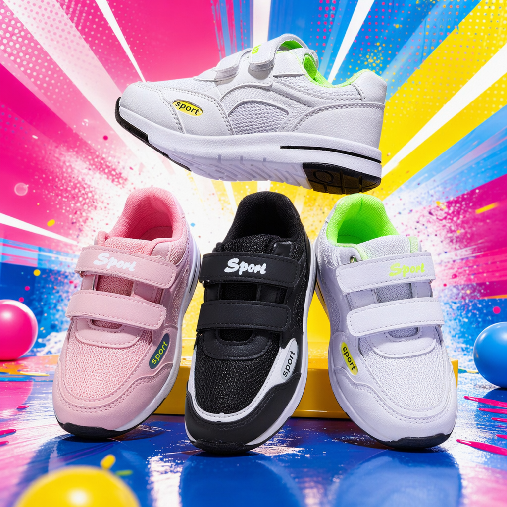 The pink, black and white sports shoes with Velcro design are unisex, comfortable and breathable Specification image