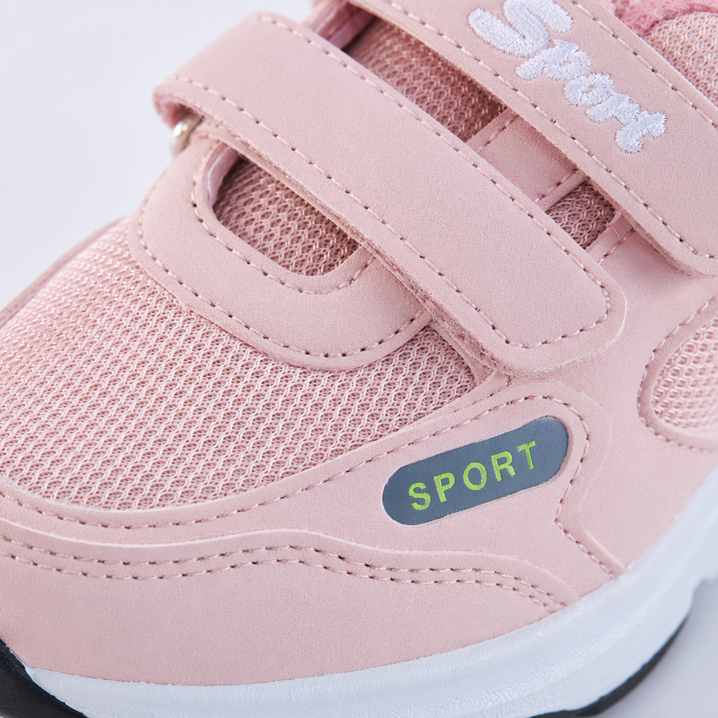 The pink, black and white sports shoes with Velcro design are unisex, comfortable and breathable Application Scenario