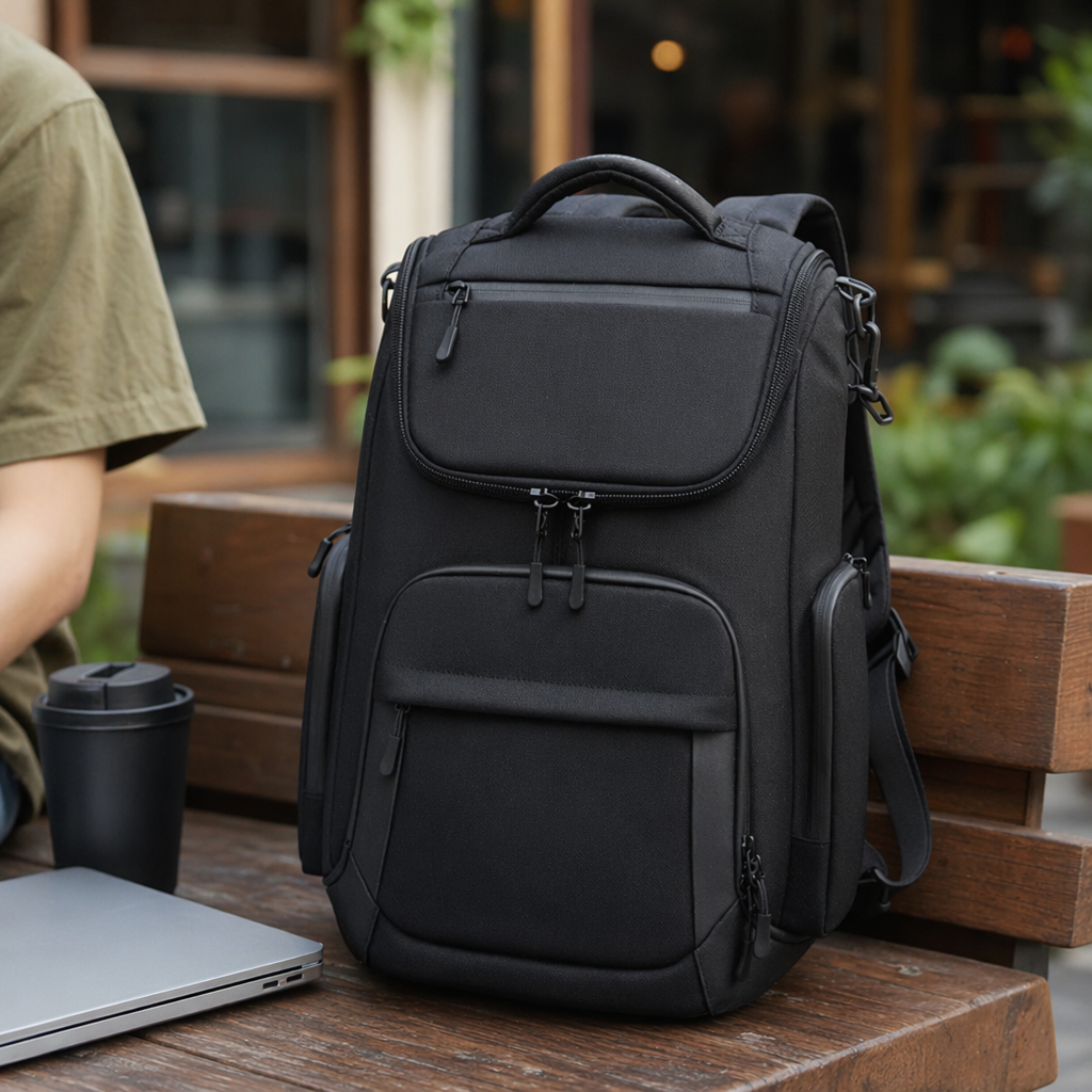 Black backpack with nylon waterproof large capacity, simple design for commuting and business details Picture