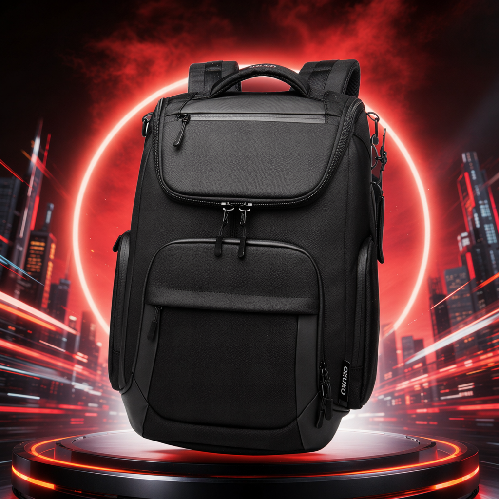 Black backpack with nylon waterproof large capacity, simple design for commuting and business Specification image