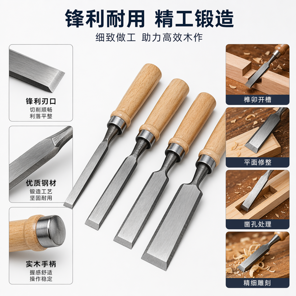 The metal chisel tool set includes professional woodworking engraving tools such as flat-mouth, bevel and round-mouth chisels