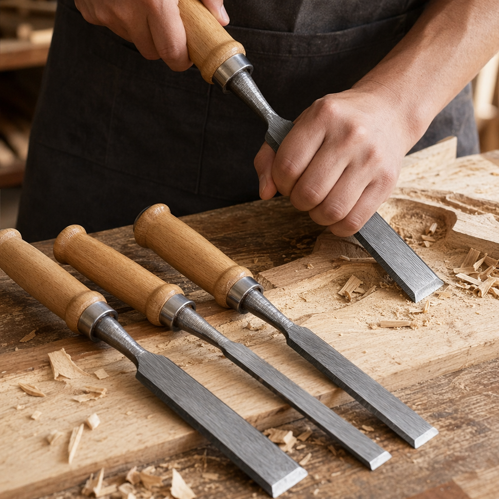 The metal chisel tool set includes professional woodworking engraving tools such as flat-mouth, bevel and round-mouth chisels details Picture