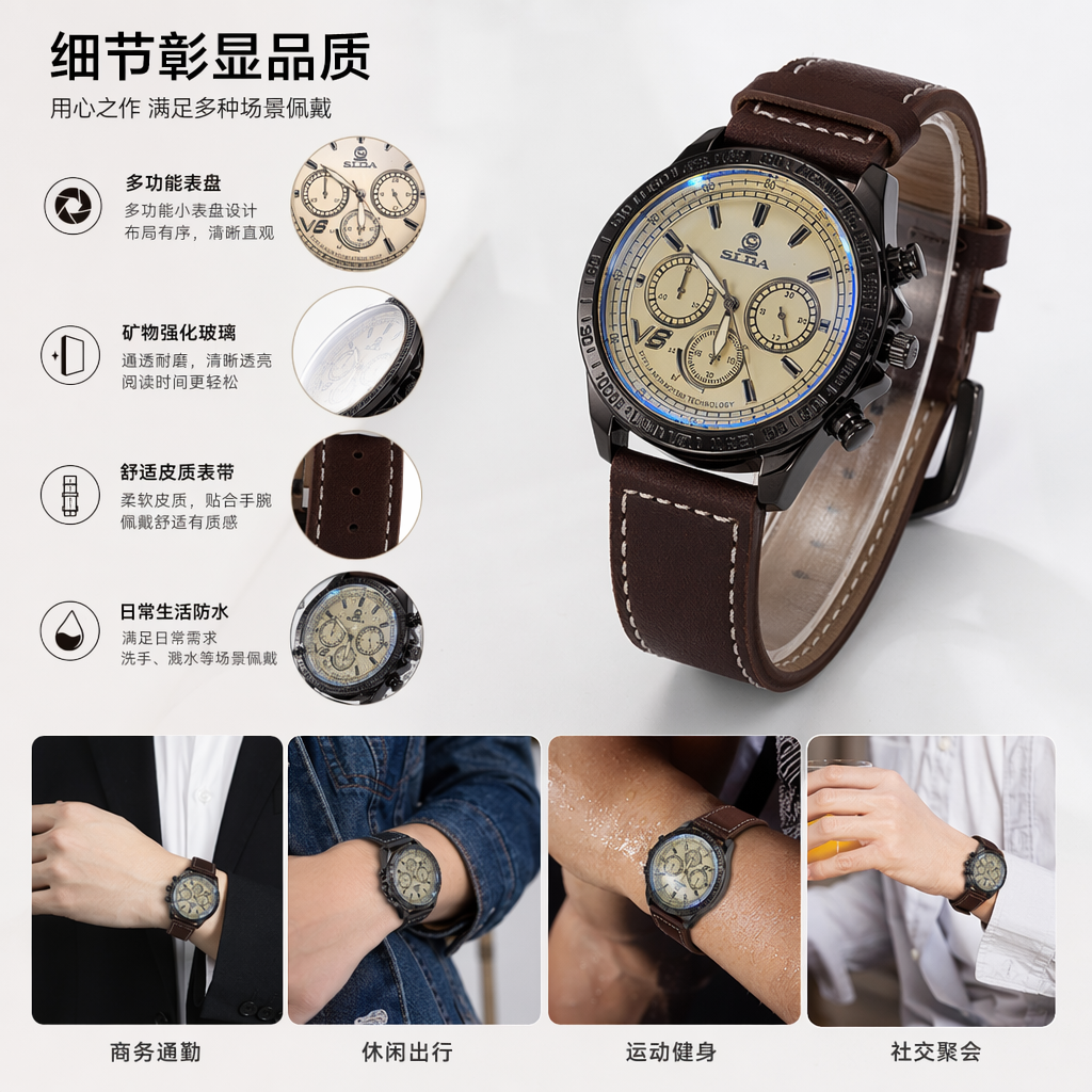 A simple business quartz watch for men with a brown strap and a leather strap that is water-resistant