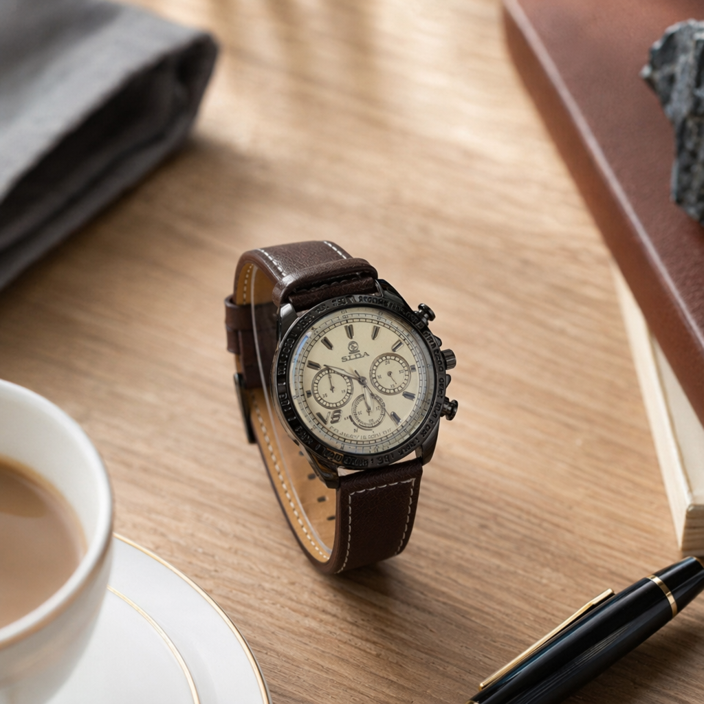 A simple business quartz watch for men with a brown strap and a leather strap that is water-resistant details Picture