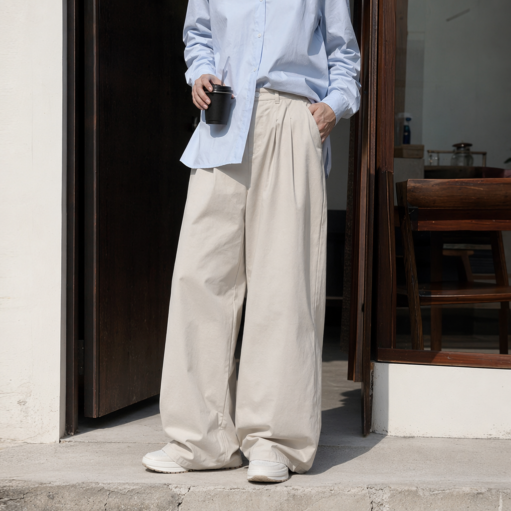 Beige high-waisted wide-leg pants with a slimming feel, loose and casual trousers for women details Picture
