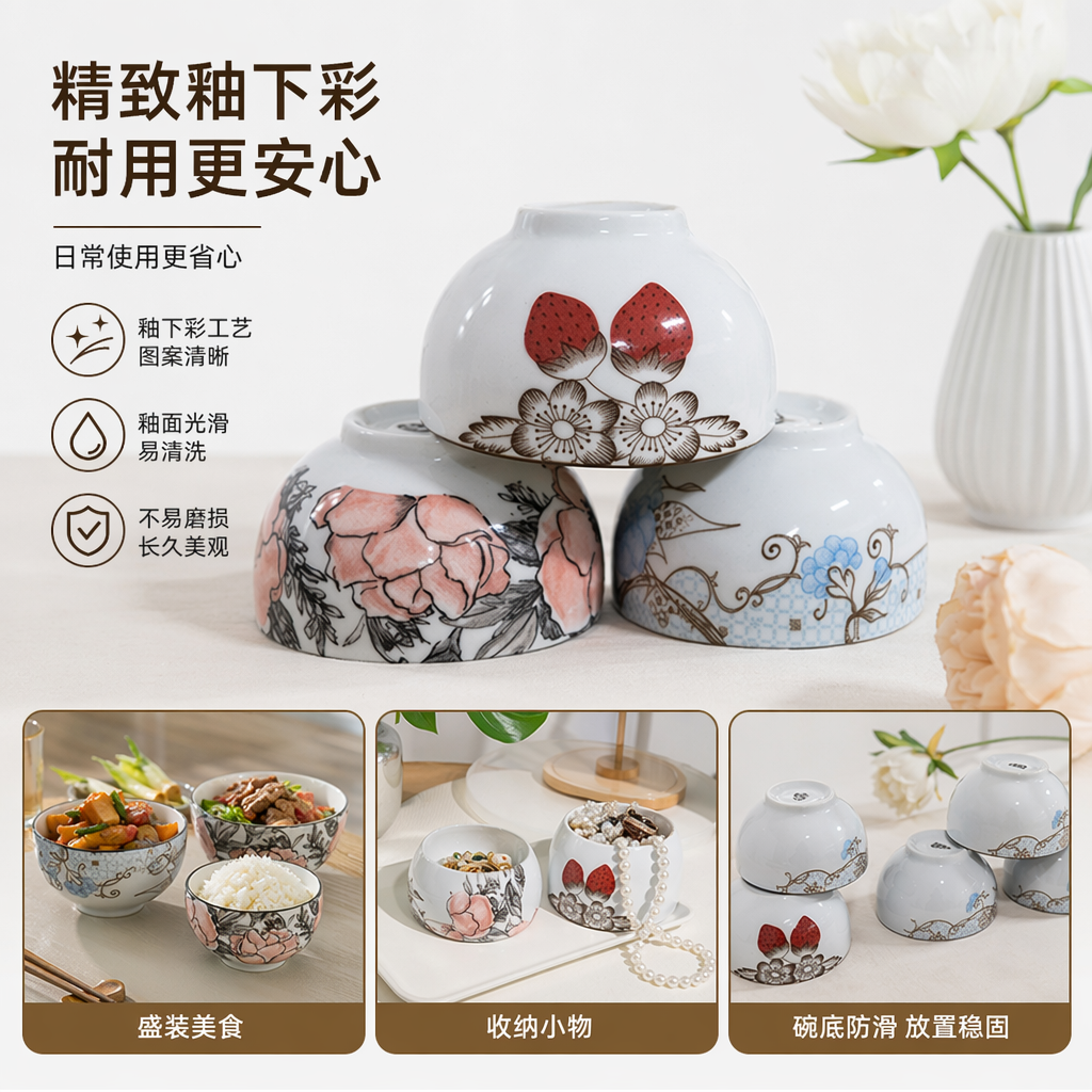 A set of three-piece white ceramic bowls with floral patterns, simple household tableware