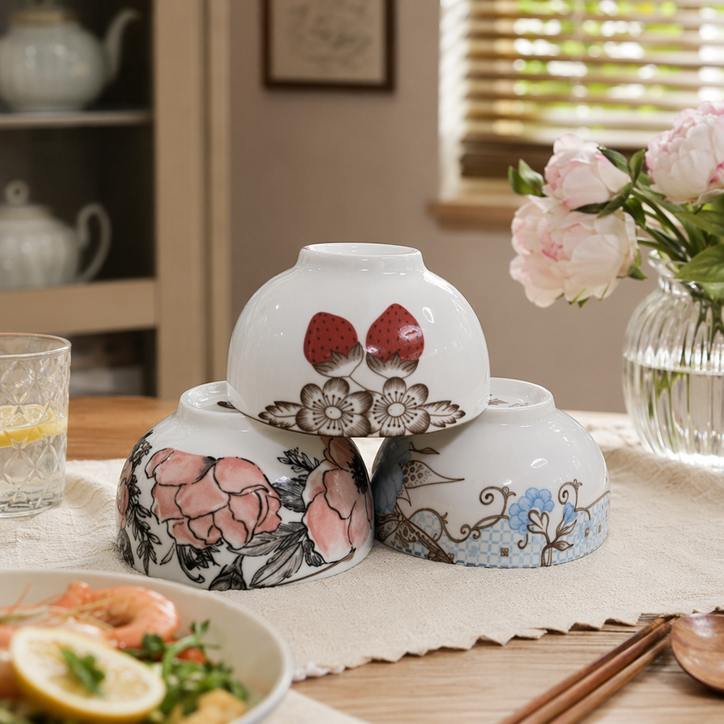A set of three-piece white ceramic bowls with floral patterns, simple household tableware details Picture