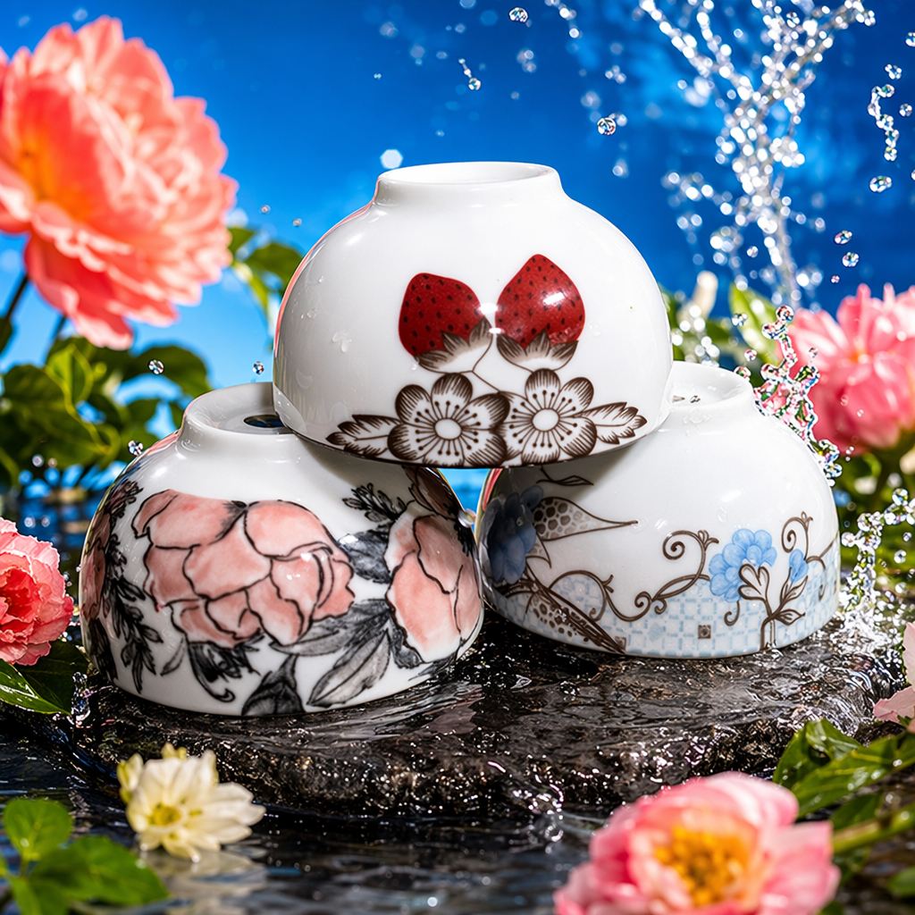 A set of three-piece white ceramic bowls with floral patterns, simple household tableware Specification image