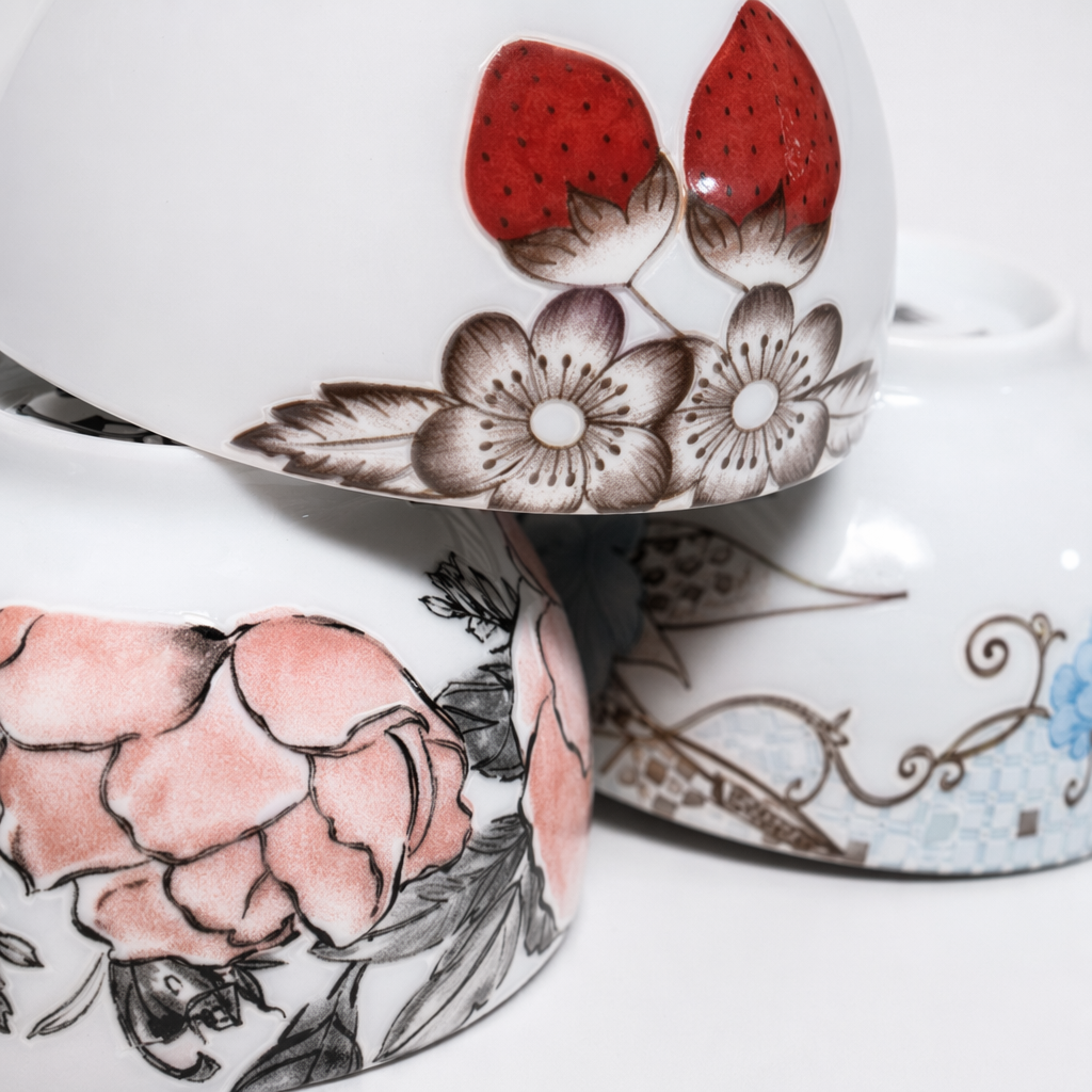 A set of three-piece white ceramic bowls with floral patterns, simple household tableware Application Scenario