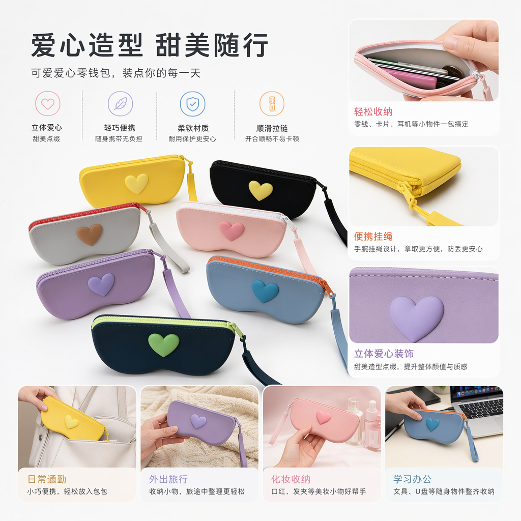 Three-dimensional heart-shaped silicone coin wallet, glasses bag, macaron solid color zipper portable storage bag, student pencil and stationery bag, headphones, lipstick, small bag with multiple colors in stock for wholesale