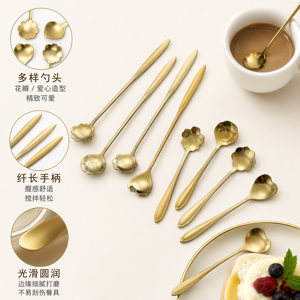 Golden flower-shaped spoons, stainless steel tableware, household dessert spoons, tea spoons